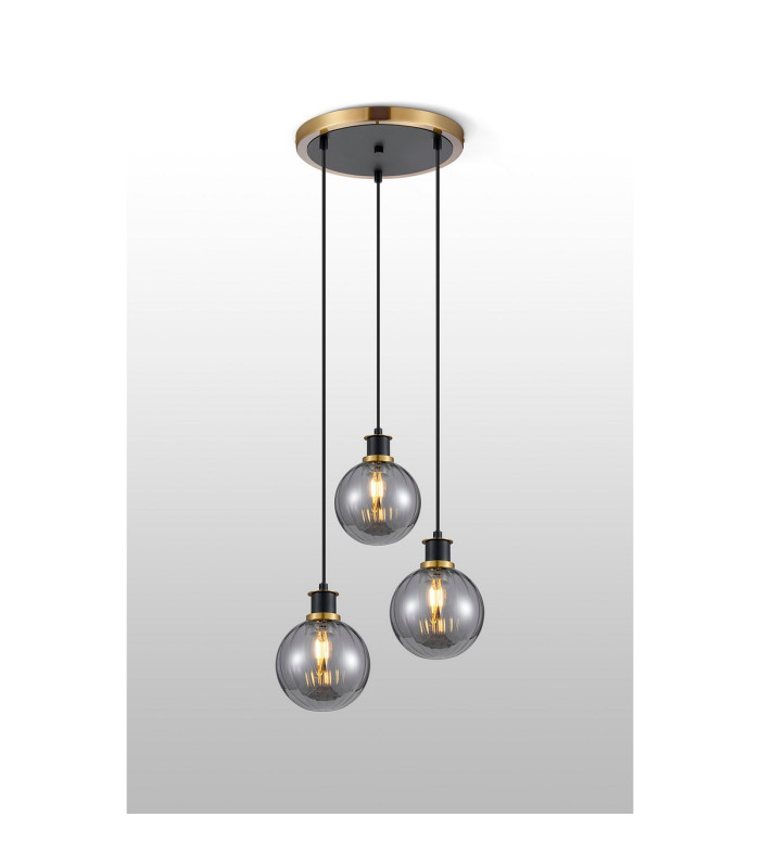 Placid 38cm Round Pendant 3 Light E14 15cm Round Segment Glass Shade Brass Smoke Plated & Satin Black-3