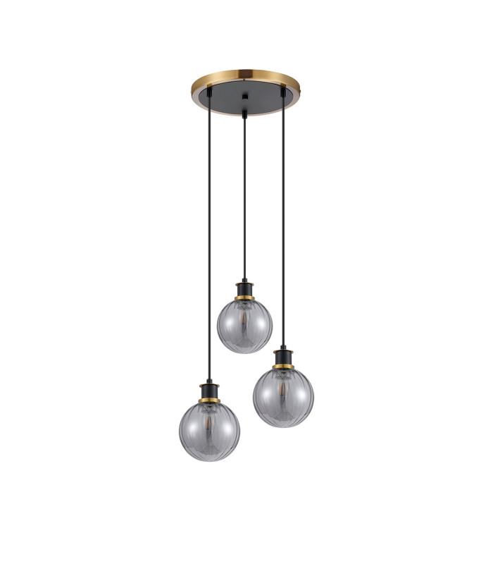 Placid 38cm Round Pendant 3 Light E14 15cm Round Segment Glass Shade Brass Smoke Plated & Satin Black-4