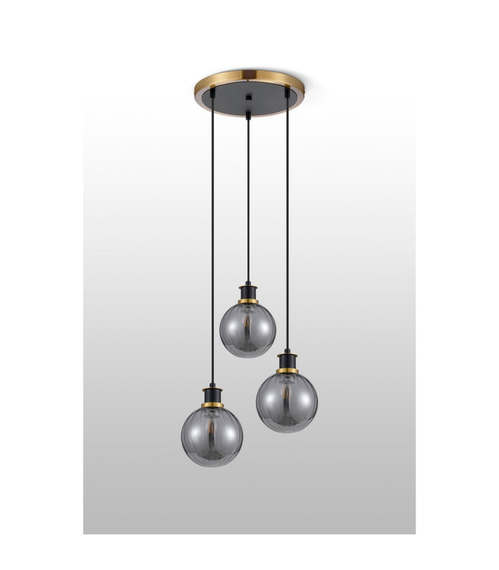 Placid 38cm Round Pendant 3 Light E14 15cm Round Segment Glass Shade Brass Smoke Plated & Satin Black-7