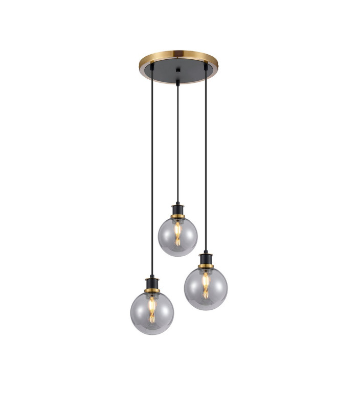 Placid 38cm Round Pendant 3 Light E14 15cm Round Glass Shade Brass Smoke Plated & Satin Black-1