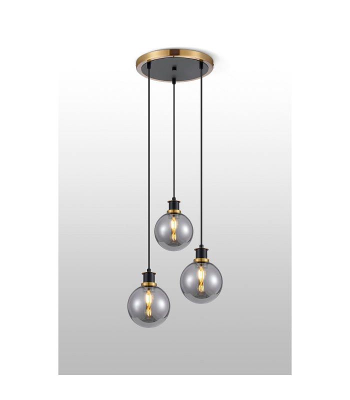 Placid 38cm Round Pendant 3 Light E14 15cm Round Glass Shade Brass Smoke Plated & Satin Black-3