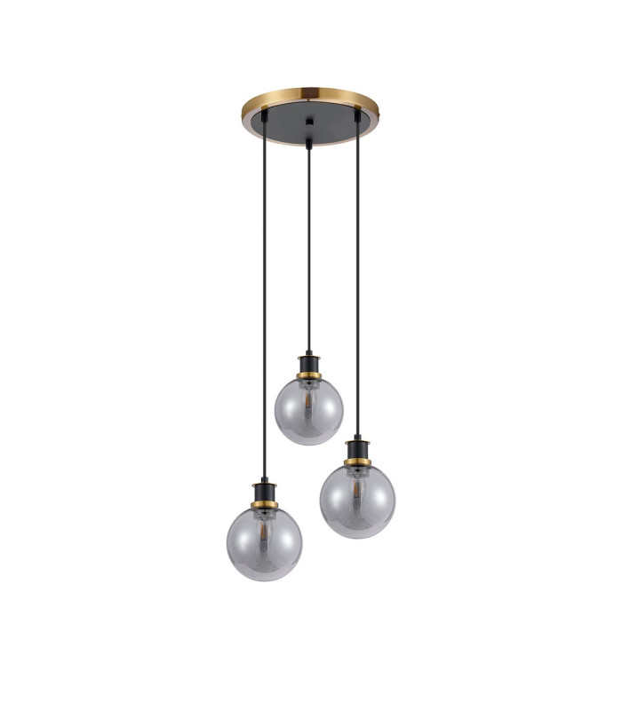 Placid 38cm Round Pendant 3 Light E14 15cm Round Glass Shade Brass Smoke Plated & Satin Black-4
