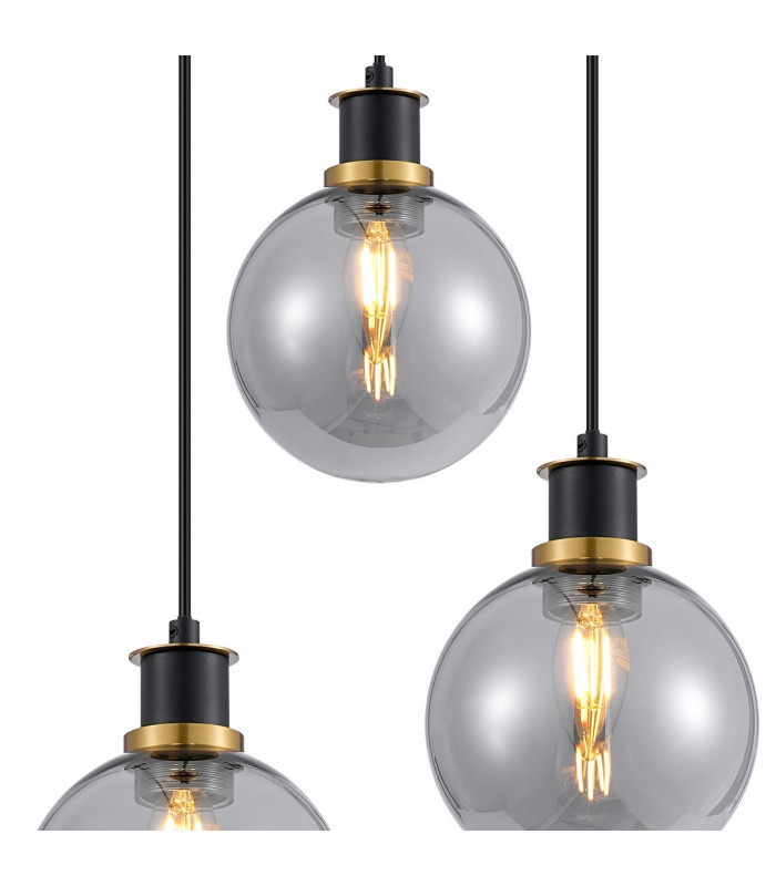Placid 38cm Round Pendant 3 Light E14 15cm Round Glass Shade Brass Smoke Plated & Satin Black-6