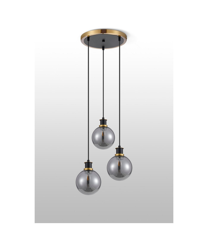Placid 38cm Round Pendant 3 Light E14 15cm Round Glass Shade Brass Smoke Plated & Satin Black-7