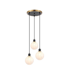 Placid 38cm Round Pendant 3 Light E14 15cm Round Speckled Glass Shade Brass White & Satin Black-1