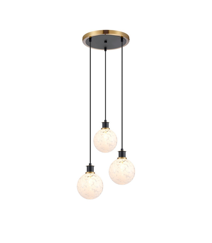 Placid 38cm Round Pendant 3 Light E14 15cm Round Speckled Glass Shade Brass White & Satin Black-1