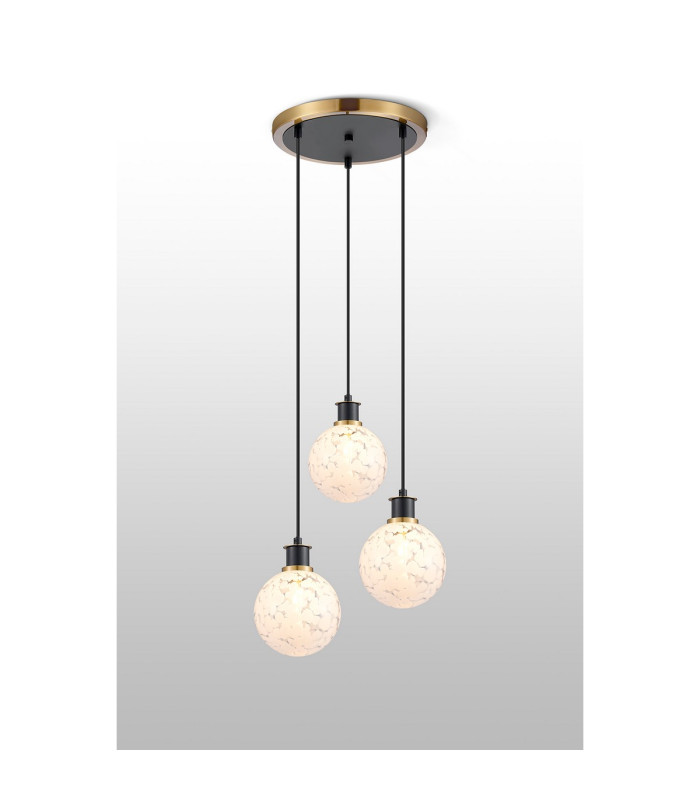Placid 38cm Round Pendant 3 Light E14 15cm Round Speckled Glass Shade Brass White & Satin Black-3