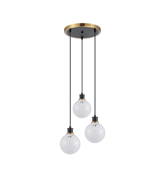 Placid 38cm Round Pendant 3 Light E14 15cm Round Speckled Glass Shade Brass White & Satin Black-4
