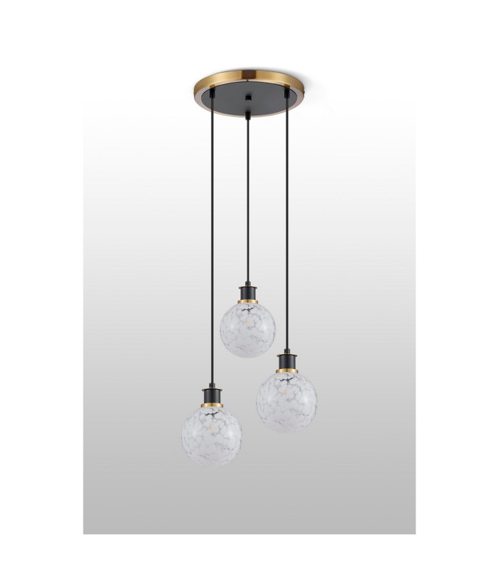 Placid 38cm Round Pendant 3 Light E14 15cm Round Speckled Glass Shade Brass White & Satin Black-7