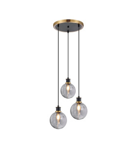 Placid 38cm Round Pendant 3 Light E14 15cm Round Textured Smooth / Ribbed Glass Shade Brass Smoke Plated & Satin Black-1