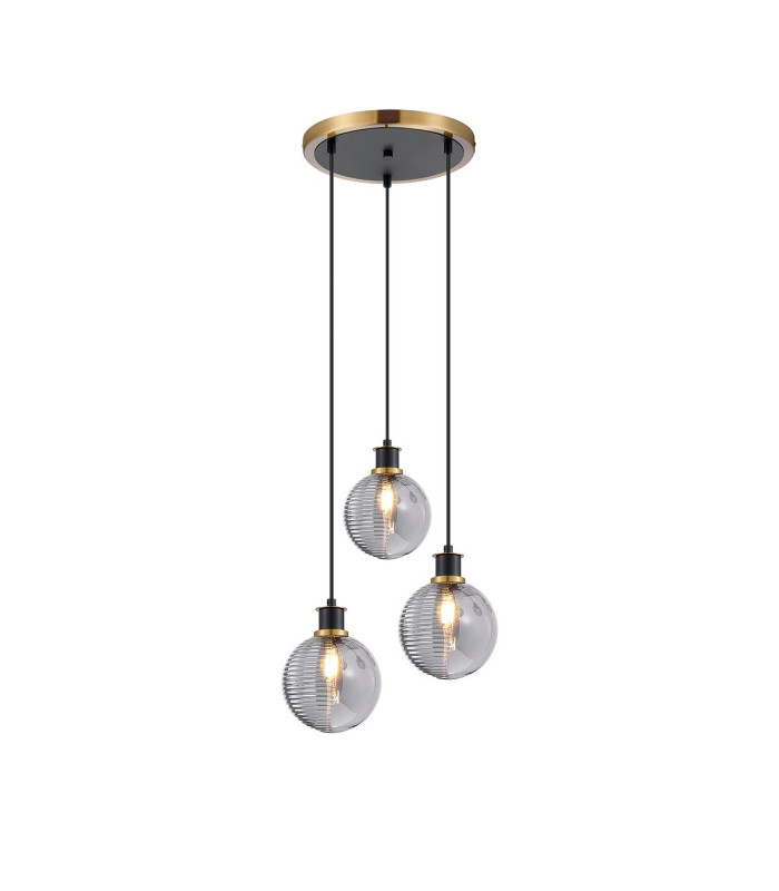 Placid 38cm Round Pendant 3 Light E14 15cm Round Textured Smooth / Ribbed Glass Shade Brass Smoke Plated & Satin Black-1