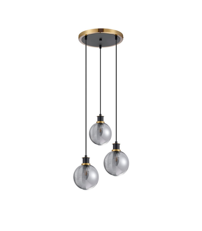 Placid 38cm Round Pendant 3 Light E14 15cm Round Textured Smooth / Ribbed Glass Shade Brass Smoke Plated & Satin Black-3