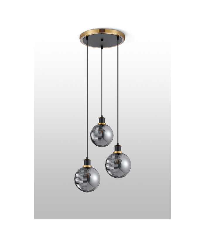 Placid 38cm Round Pendant 3 Light E14 15cm Round Textured Smooth / Ribbed Glass Shade Brass Smoke Plated & Satin Black-6