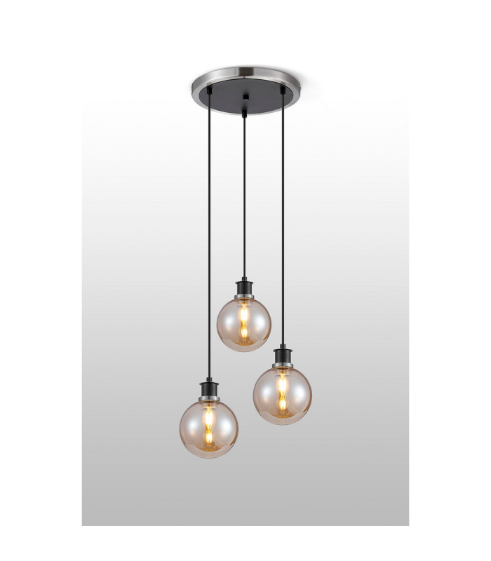 Placid 38cm Round Pendant 3 Light E14 15cm Round Glass Shade Satin Nickel Amber Plated & Satin Black-3