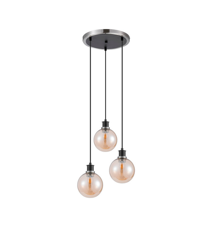 Placid 38cm Round Pendant 3 Light E14 15cm Round Glass Shade Satin Nickel Amber Plated & Satin Black-4