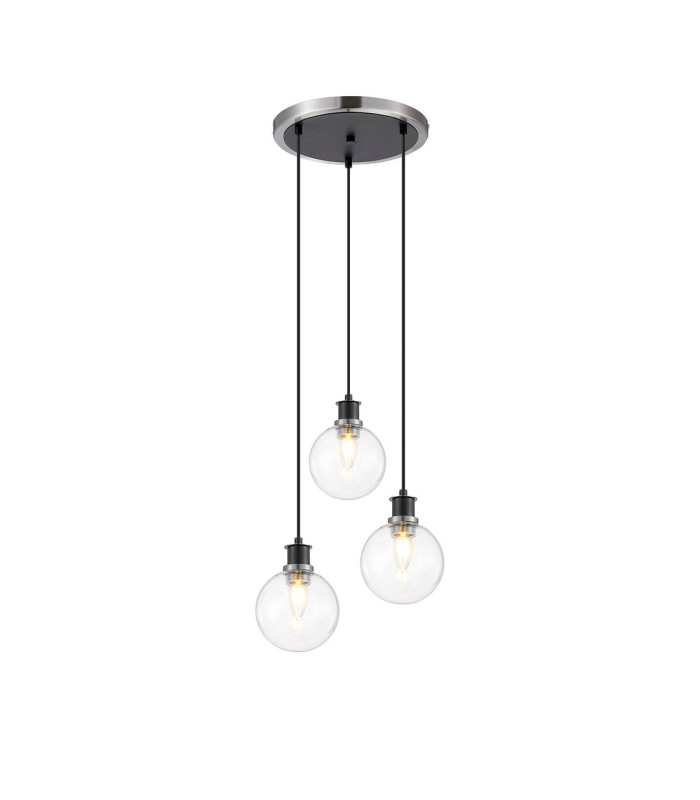 Placid 38cm Round Pendant 3 Light E14 15cm Round Glass Shade Satin Nickel Clear & Satin Black-1