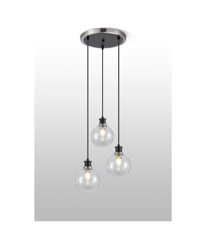 Placid 38cm Round Pendant 3 Light E14 15cm Round Glass Shade Satin Nickel Clear & Satin Black-3