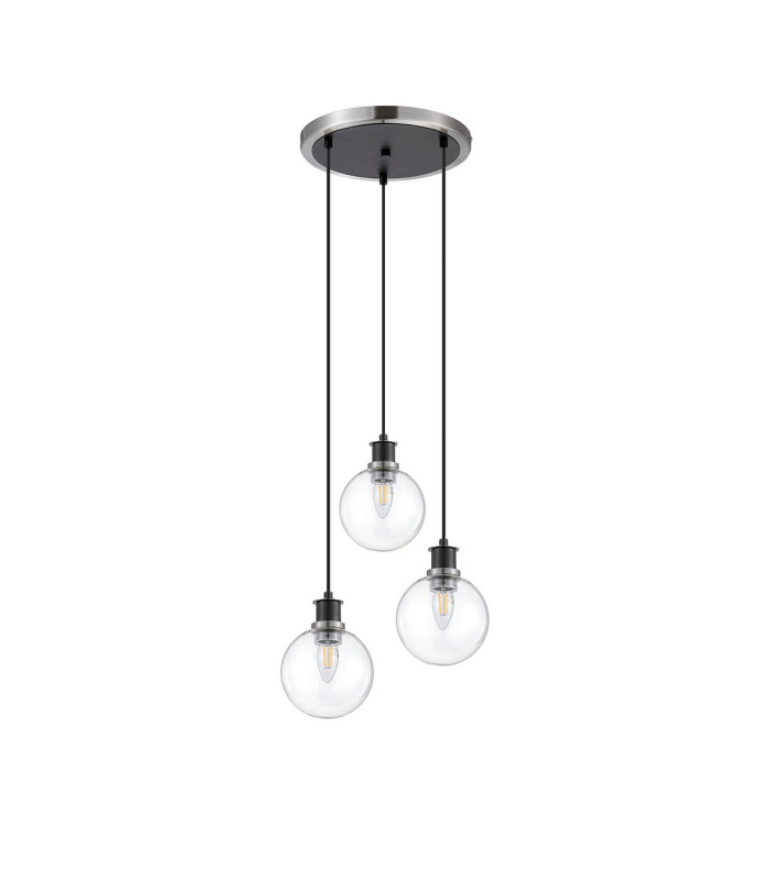 Placid 38cm Round Pendant 3 Light E14 15cm Round Glass Shade Satin Nickel Clear & Satin Black-4
