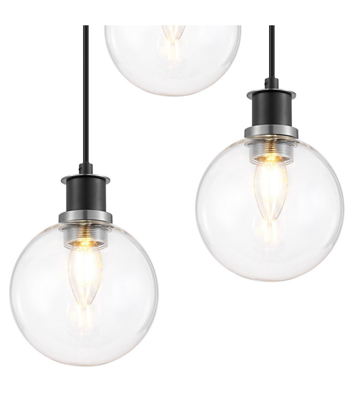 Placid 38cm Round Pendant 3 Light E14 15cm Round Glass Shade Satin Nickel Clear & Satin Black-6