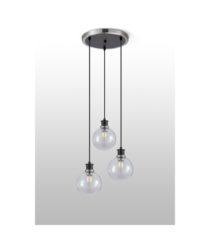 Placid 38cm Round Pendant 3 Light E14 15cm Round Glass Shade Satin Nickel Clear & Satin Black-7