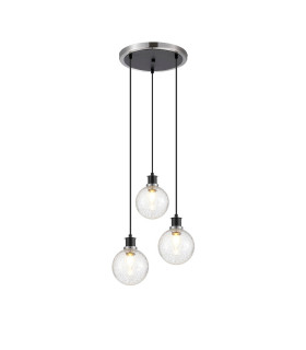 Placid 38cm Round Pendant 3 Light E14 15cm Round Crackled Glass Shade Satin Nickel Clear & Satin Black-1
