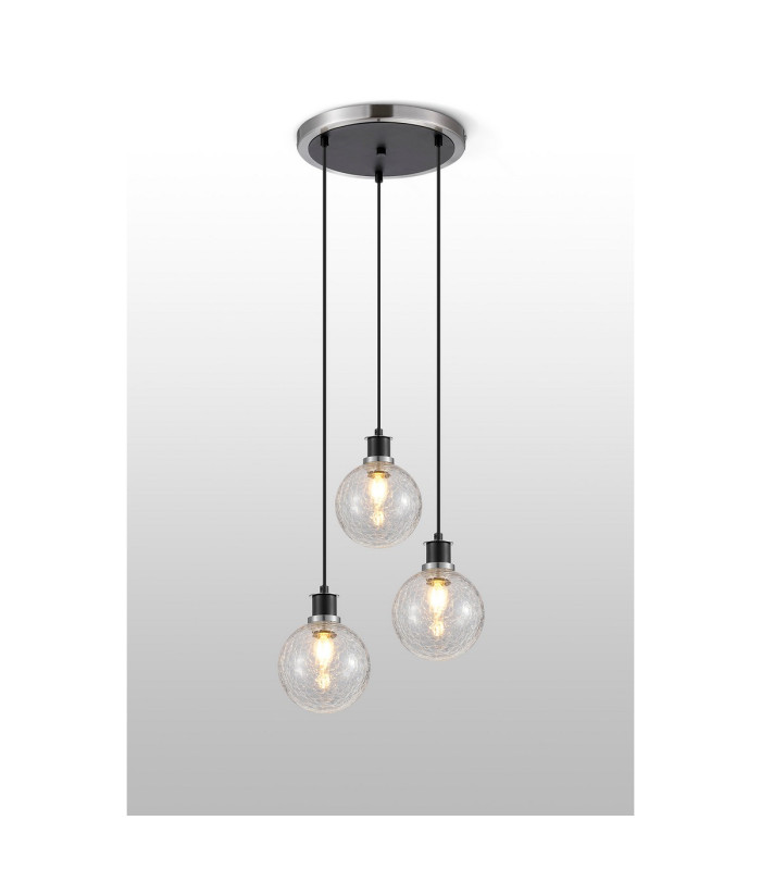 Placid 38cm Round Pendant 3 Light E14 15cm Round Crackled Glass Shade Satin Nickel Clear & Satin Black-3