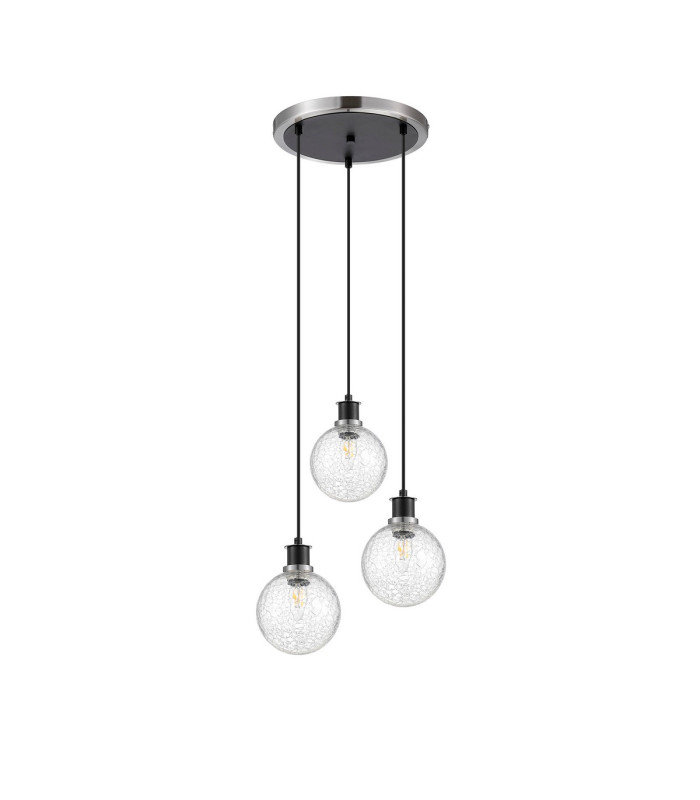 Placid 38cm Round Pendant 3 Light E14 15cm Round Crackled Glass Shade Satin Nickel Clear & Satin Black-4