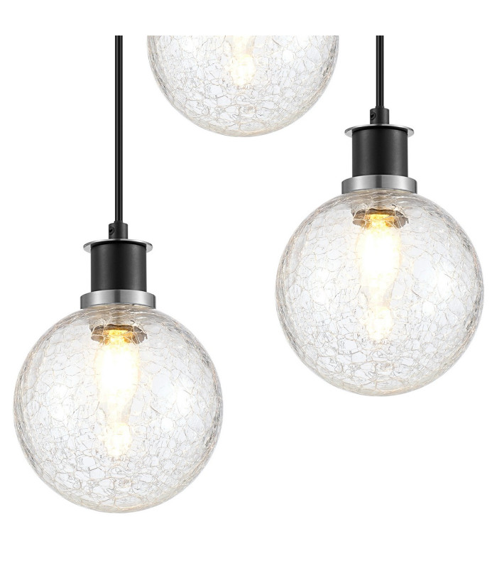 Placid 38cm Round Pendant 3 Light E14 15cm Round Crackled Glass Shade Satin Nickel Clear & Satin Black-6