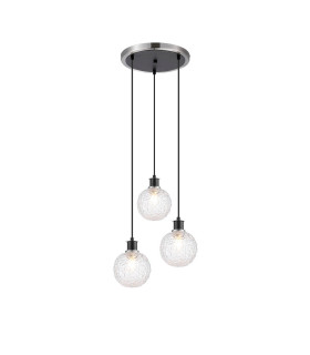 Placid 38cm Round Pendant 3 Light E14 15cm Round Textured Crumple Glass Shade Satin Nickel Clear & Satin Black-1