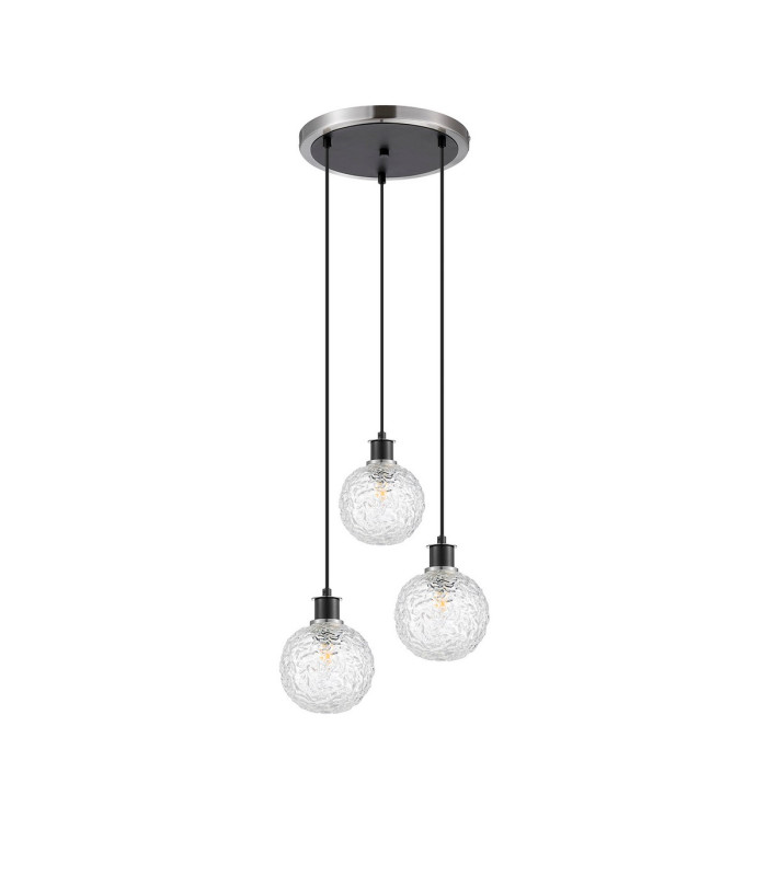 Placid 38cm Round Pendant 3 Light E14 15cm Round Textured Crumple Glass Shade Satin Nickel Clear & Satin Black-3