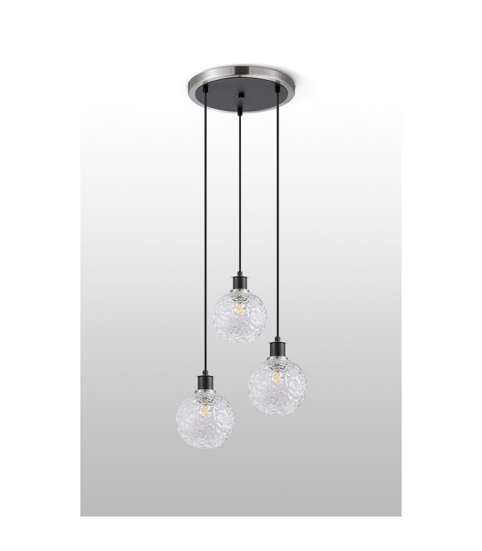 Placid 38cm Round Pendant 3 Light E14 15cm Round Textured Crumple Glass Shade Satin Nickel Clear & Satin Black-6