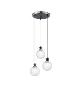 Placid 38cm Round Pendant 3 Light E14 15cm Round Textured Diamond Pattern Glass Shade Satin Nickel Clear & Satin Black-1