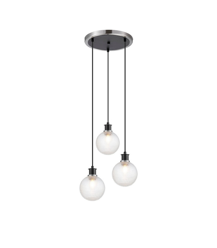 Placid 38cm Round Pendant 3 Light E14 15cm Round Textured Diamond Pattern Glass Shade Satin Nickel Clear & Satin Black-1