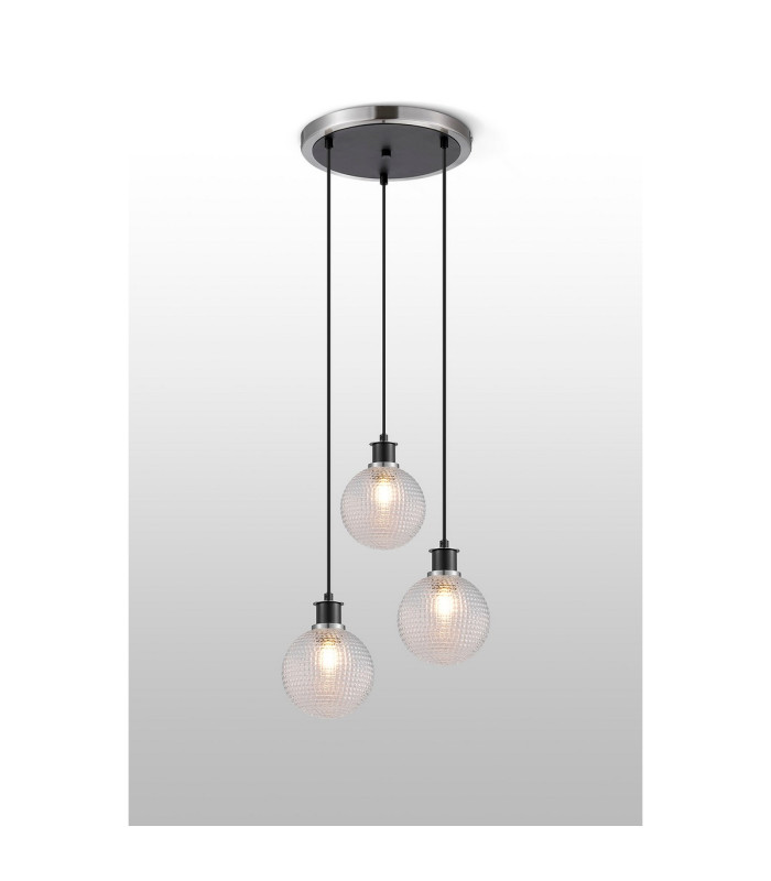 Placid 38cm Round Pendant 3 Light E14 15cm Round Textured Diamond Pattern Glass Shade Satin Nickel Clear & Satin Black-3