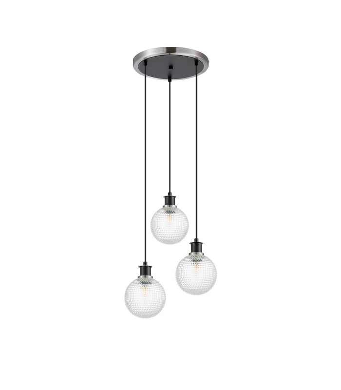 Placid 38cm Round Pendant 3 Light E14 15cm Round Textured Diamond Pattern Glass Shade Satin Nickel Clear & Satin Black-4