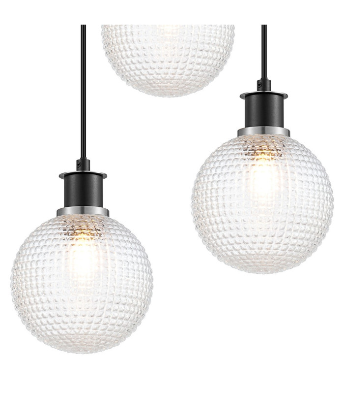 Placid 38cm Round Pendant 3 Light E14 15cm Round Textured Diamond Pattern Glass Shade Satin Nickel Clear & Satin Black-6