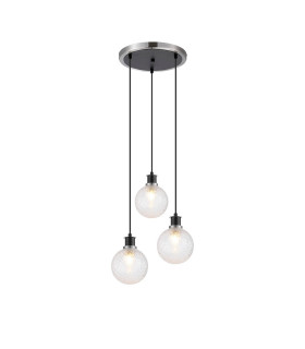 Placid 38cm Round Pendant 3 Light E14 15cm Round Dimpled Glass Shade Satin Nickel Clear & Satin Black-1
