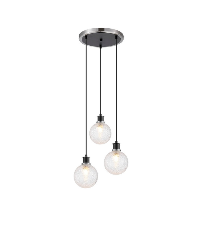 Placid 38cm Round Pendant 3 Light E14 15cm Round Dimpled Glass Shade Satin Nickel Clear & Satin Black-1