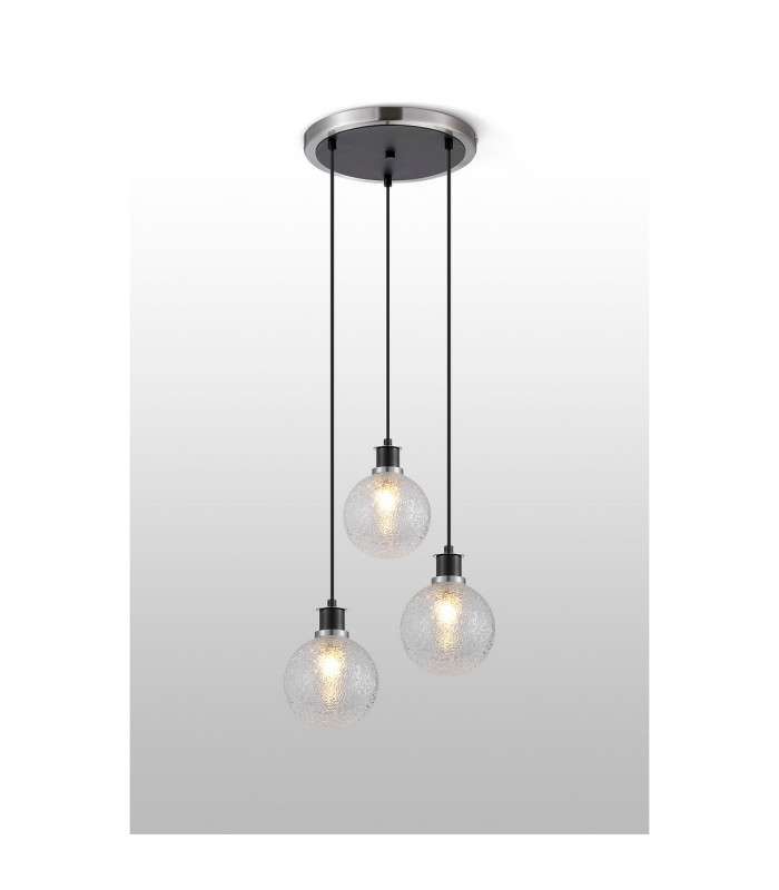 Placid 38cm Round Pendant 3 Light E14 15cm Round Dimpled Glass Shade Satin Nickel Clear & Satin Black-3