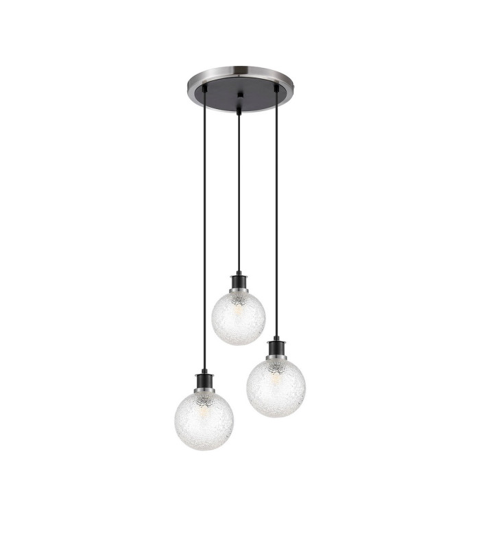 Placid 38cm Round Pendant 3 Light E14 15cm Round Dimpled Glass Shade Satin Nickel Clear & Satin Black-4