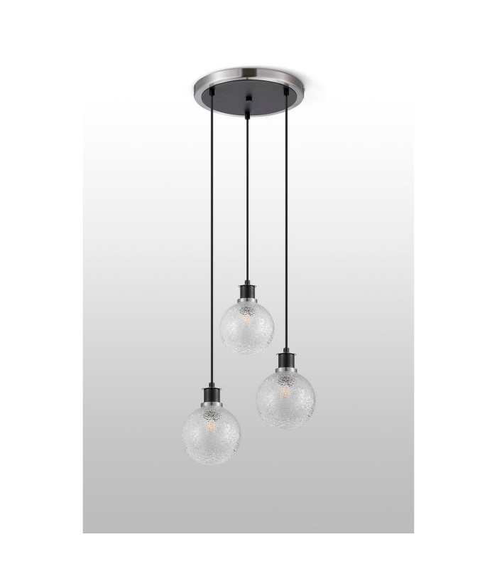 Placid 38cm Round Pendant 3 Light E14 15cm Round Dimpled Glass Shade Satin Nickel Clear & Satin Black-7