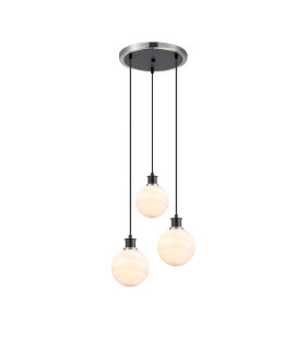 Placid 38cm Round Pendant 3x E14 15cm Round White & Grey Marble Effect Glass Shade Satin Nickel & Satin Black Framework-1