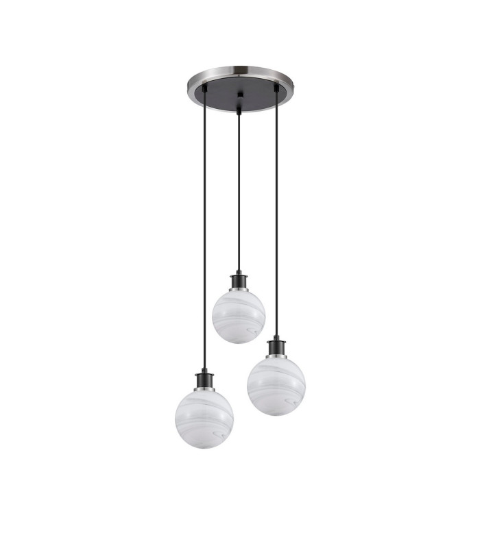 Placid 38cm Round Pendant 3x E14 15cm Round White & Grey Marble Effect Glass Shade Satin Nickel & Satin Black Framework-3