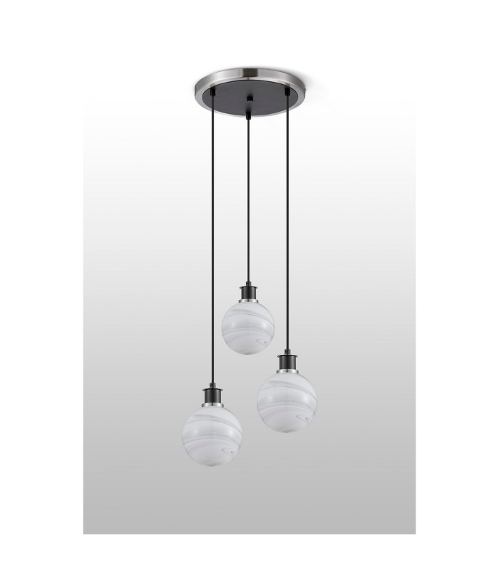 Placid 38cm Round Pendant 3x E14 15cm Round White & Grey Marble Effect Glass Shade Satin Nickel & Satin Black Framework-6