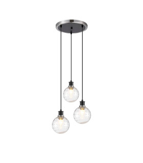 Placid 38cm Round Pendant 3 Light E14 15cm Round Textured Melting Glass Shade Satin Nickel Clear & Satin Black-1
