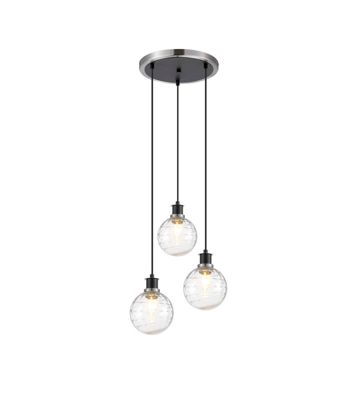 Placid 38cm Round Pendant 3 Light E14 15cm Round Textured Melting Glass Shade Satin Nickel Clear & Satin Black-1