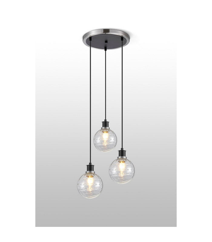 Placid 38cm Round Pendant 3 Light E14 15cm Round Textured Melting Glass Shade Satin Nickel Clear & Satin Black-3