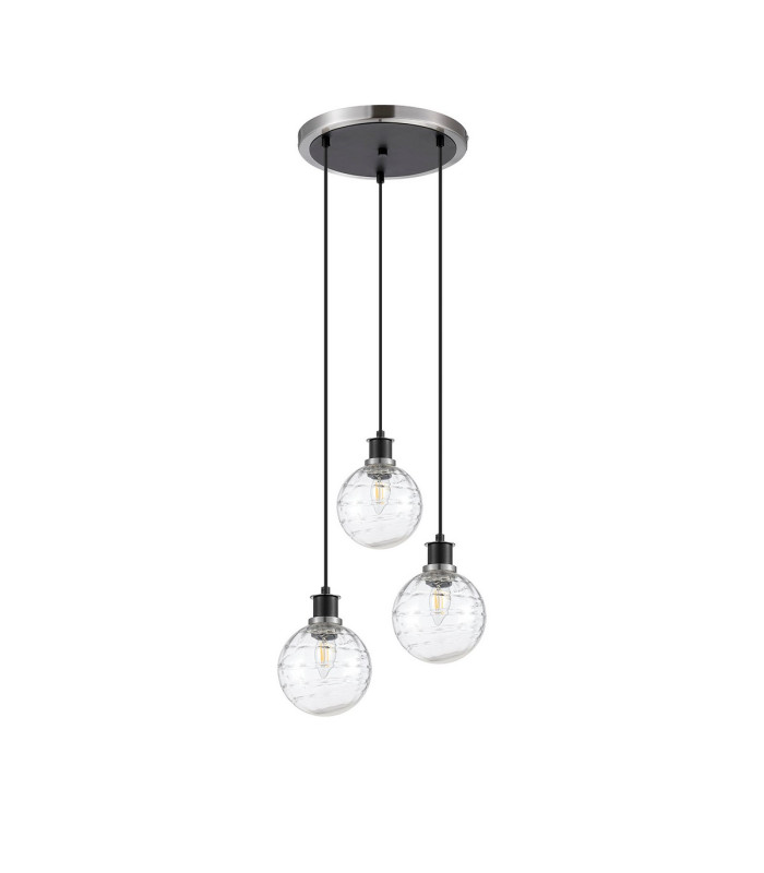 Placid 38cm Round Pendant 3 Light E14 15cm Round Textured Melting Glass Shade Satin Nickel Clear & Satin Black-4
