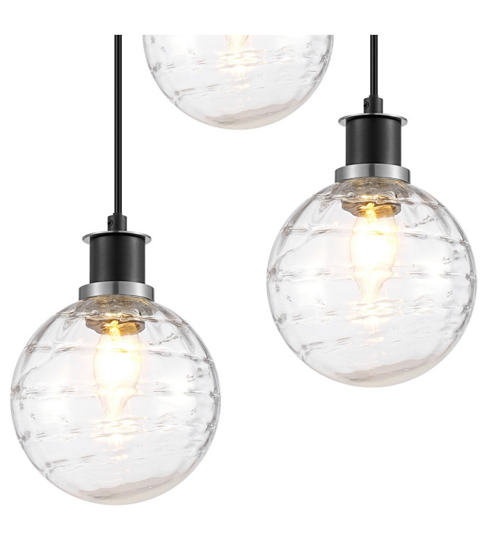 Placid 38cm Round Pendant 3 Light E14 15cm Round Textured Melting Glass Shade Satin Nickel Clear & Satin Black-6