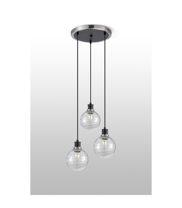 Placid 38cm Round Pendant 3 Light E14 15cm Round Textured Melting Glass Shade Satin Nickel Clear & Satin Black-7